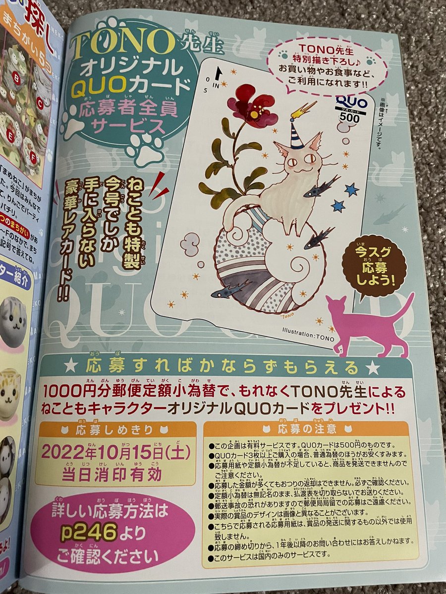 ただ今発売中の「ねことも」でミーのイラストのオリジナルQUOカードあたるみたいです。
よろしければ💖可愛い漫画ばかりの「ねことも」よろしく💖 