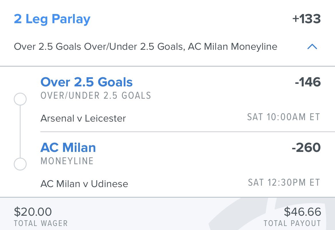 ARIPicks_'s tweet image. Saturday ⚽️ Parlay‼️‼️

#EPL 
2u Parlay +133
⚽️Arsenal/Leicester o2.5
⚽️AC Milan ml

Let’s cash it and start out hot🔥🔥