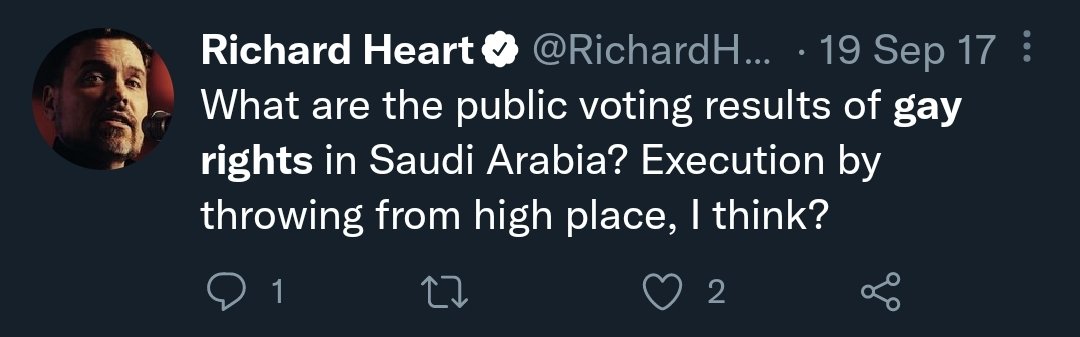 RichardHeartWin's tweet photo. I am being attacked for supporting gay rights. 5 years ago I pointed out that a certain country kills gay people as a matter of law. It's called capital punishment. I've noticed that neither the BBC, dailymail, or this soccer team point out the murdering by state just tweets?  🏳️‍🌈 https://t.co/BUDgCJY20L