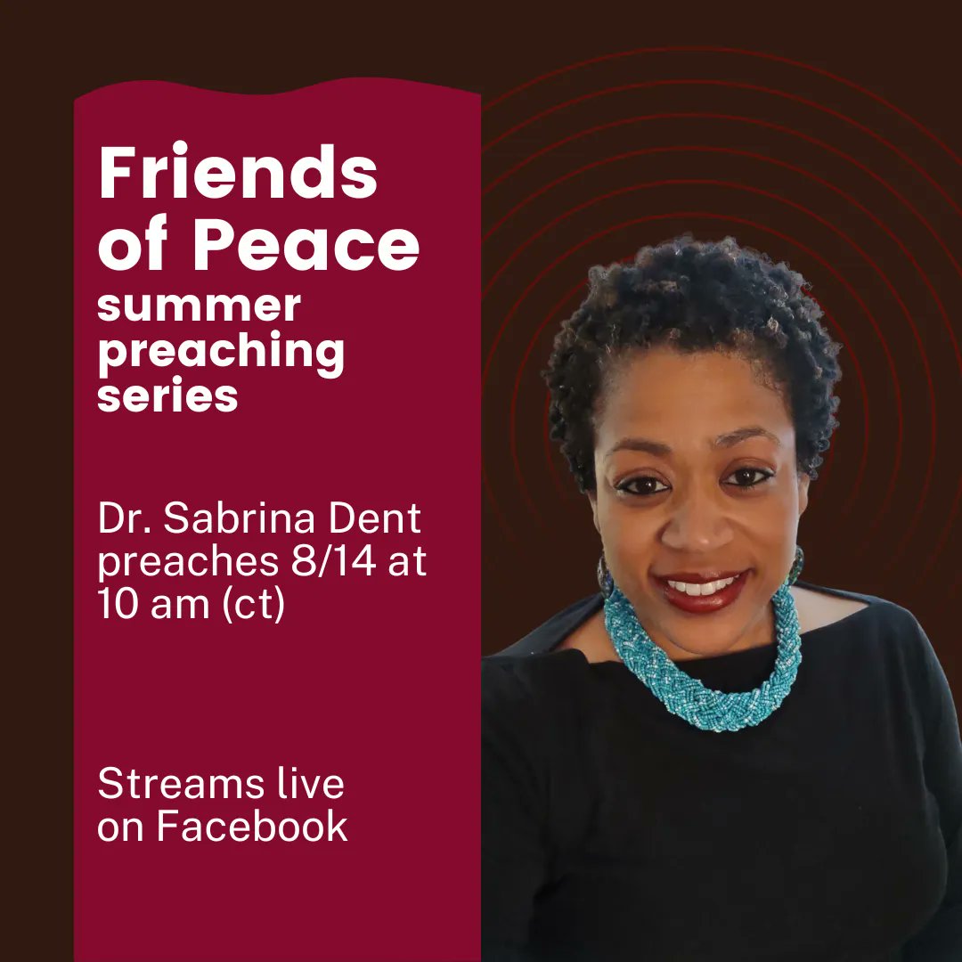 We are thrilled to welcome <a href="/PROVERBSKIDS/">Dr. Sabrina E. Dent</a> this Sunday for week 2 of our series, Friends of Peace. We stream live on Facebook at 10 am (ct) - head over to Facebook to follow us &amp; learn more about guest preacher, Dr. Sabrina Dent: buff.ly/2wilvWZ