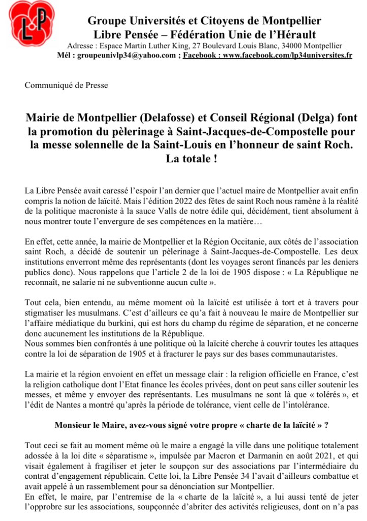 alexiscorbiere's tweet photo. Il est consternant que le Maire de #Montpellier et la présidente de la Région #Occitanie, après tant de postures pseudo laïques, soutiennent et financent des processions et cérémonies religieuses à Montpellier ! 
La Libre Pensée a raison : Respectons la belle loi laïque de 1905 ! https://t.co/pNr9yrPb4D