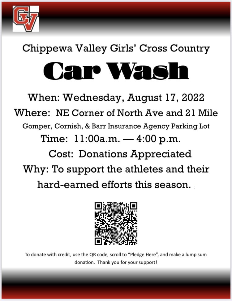 chippewa_xc's tweet photo. Girls’ Cross Country Car Wash! Stop by 21 Mile and North Ave on Wednesday, August 17 and leave with a shiny ride. ✨❤️🖤🤍✨ https://t.co/Plyc4O4Jjk