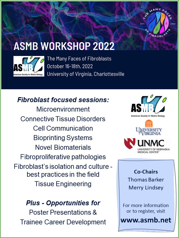 Don't forget to register and submit an abstract for this years ASMB Fibroblast Workshop! Abstract deadline to be considered for a selected talk is next Friday (19th). 
For more information visit:
asmb.memberclicks.net/fibroblast-wor…