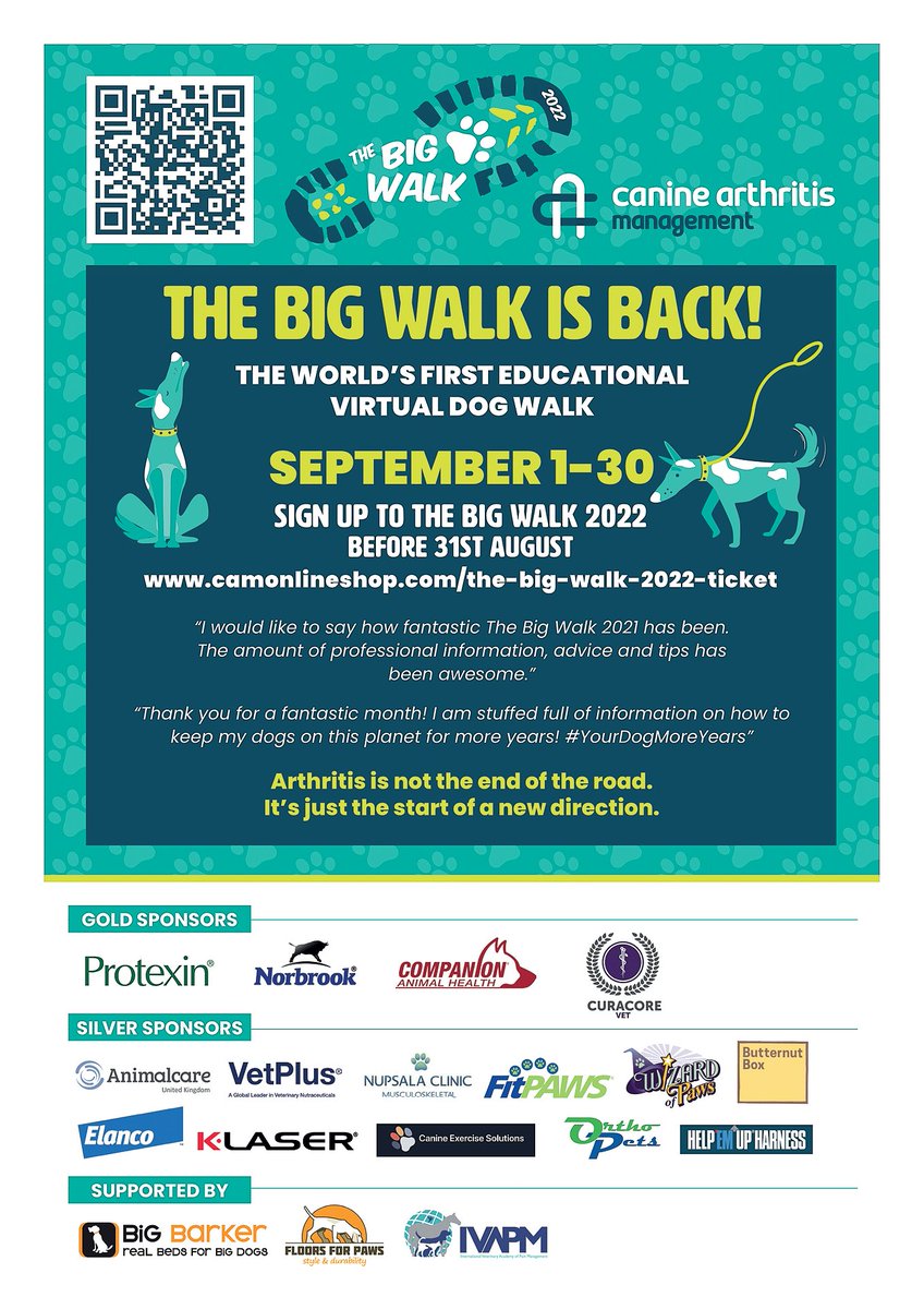 If you are a vet or a practice, please help spread the Big Walk news in your practices and clients by downloading this flyer and sharing!
CAM truly appreciates your support.
Lets together give #YourDogMoreYears 

Download the flyer here: bit.ly/TBWFlyer