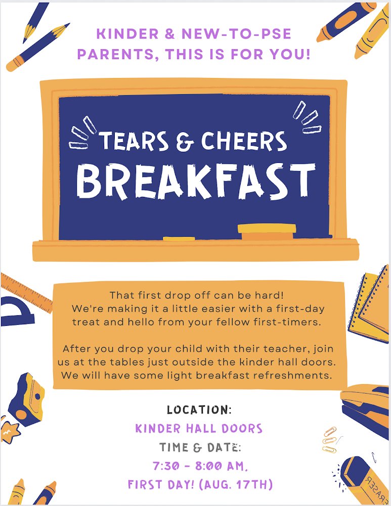 Help us welcome our kinder and new-to-PSE parents by contributing to the Tears and Cheers breakfast on the first day of school! 

Sign up here: tinyurl.com/tearscheers2022