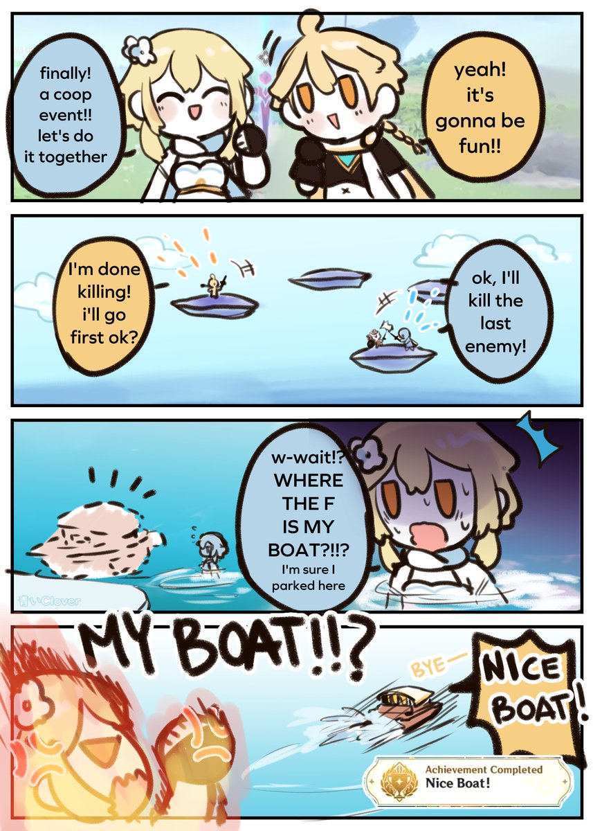 I've been busy preparing for a local doujin event and speed-running genshin... parked my ship quite far away and grabbed a random's boat... then I got an achievement... ahahaha I feel bad for the stolen ship XD

#原神 