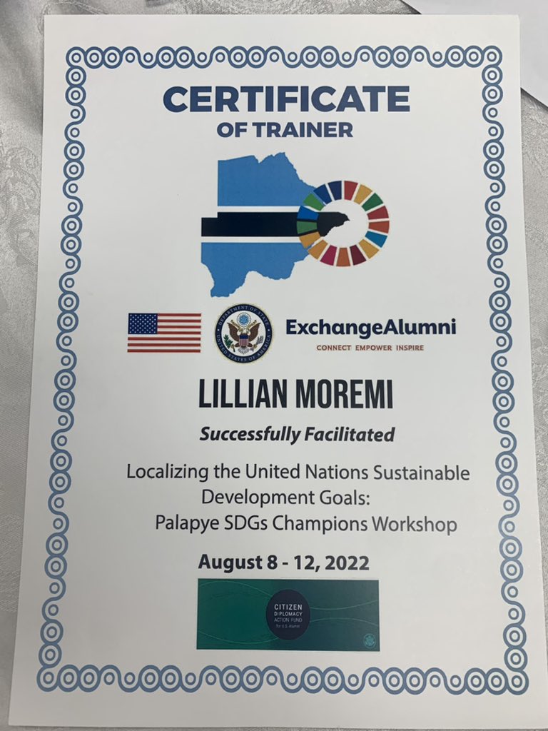 Thank you <a href="/StateDept/">Department of State</a> <a href="/exchangealumni/">Exchange Alumni</a> #CDAF <a href="/USEmbassyBW/">U.S. Embassy Botswana</a> #IYD2022 #PalapyeSDGChampions #YouthWork #Trainer lillianmoremi.com I bit.ly/sdgsbw 🇧🇼🇺🇸 <a href="/WashFellowship/">MandelaWshFellowship</a> <a href="/FulbrightPrgrm/">The Fulbright Program</a>