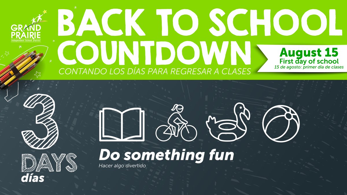3️⃣🚲📖 Only three days left until students are back to school! With three days left of summer, do something fun and make a new memory. Close summer out by going on a bike ride, reading another book, or going on a swim. Let us know what you're doing! #BackToSchoolGPISD #WeAreGPISD