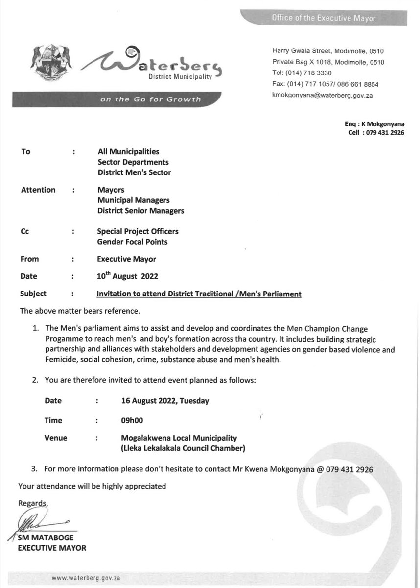TakuwaniRiime's tweet photo. Invitation to the men of Waterberg District to participate in the upcoming #MensParliament scheduled for Monday, 16 August at the Lleka Lekalakala Council Chambers. #MenChampioningChange https://t.co/7CuhoFFKOV