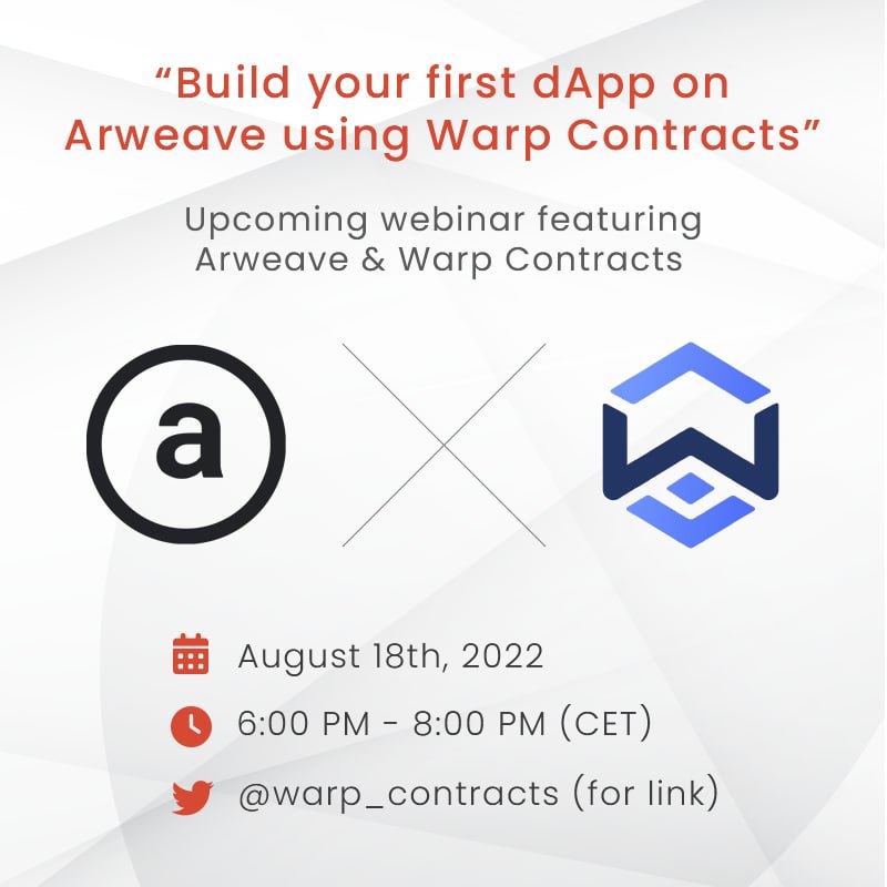 ao_builders's tweet photo. Don't miss this webinar featuring devs from @ArweaveTeam & @warp_contracts! π
18.08.22 @ 4PM CET Everything you need to "Build your first dApp on Arweave using Warp Contracts"
βοΈ Great subject matter
βοΈ Participants receive $AR
βοΈ Challenges announced
Info & Registration π§΅π https://t.co/GzibMP9IZR