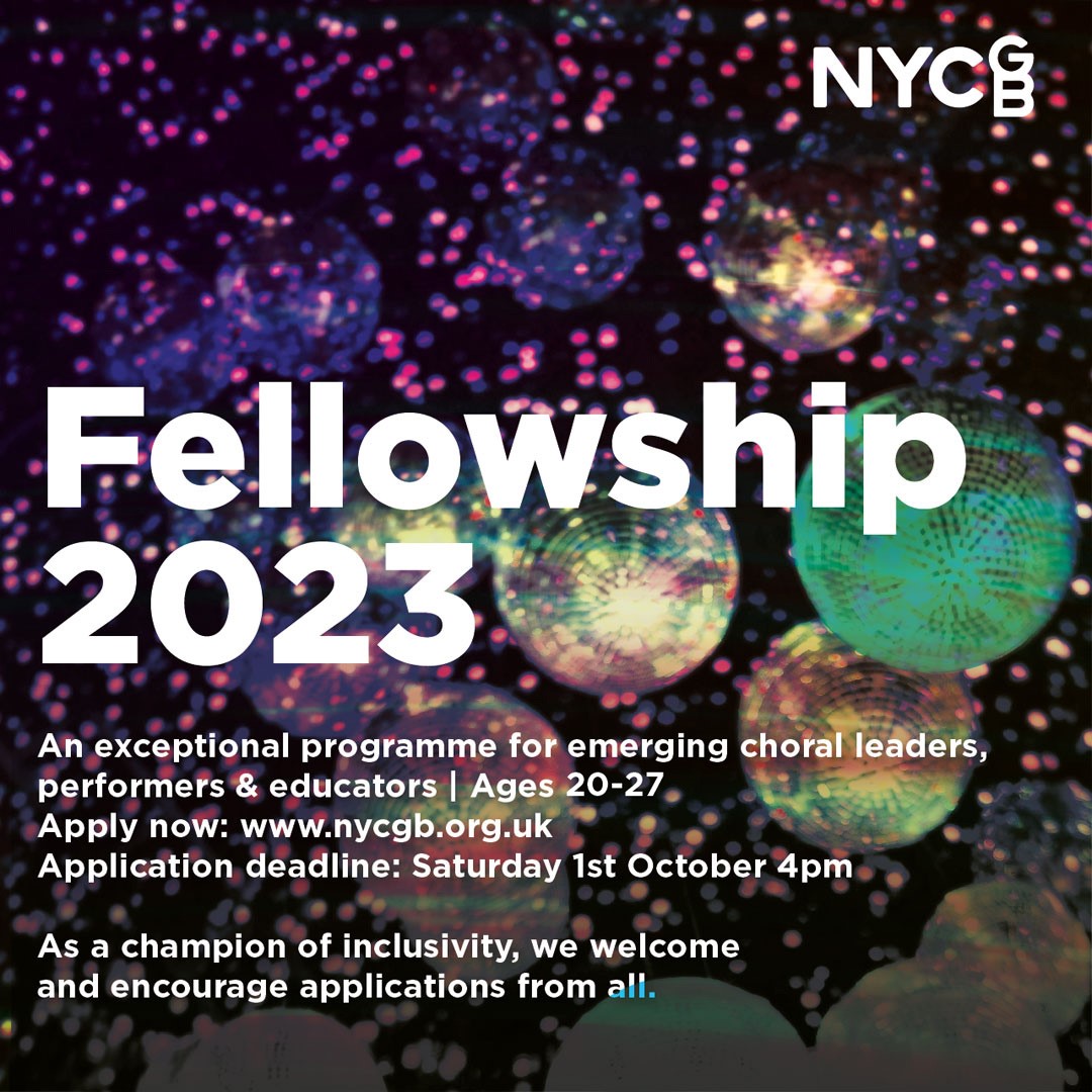 APPLICATIONS OPEN! 
FELLOWSHIP 2⃣0⃣2⃣3⃣
 
As a champion of inclusivity, we encourage all to apply for our fully funded programme for emerging choral leaders.

✨ CHORAL LEADERS | PERFORMERS | EDUCATORS - this one's for you! 🎶 🪩

Deadline: Sat 1 Oct
More: bit.ly/2FpR3yV