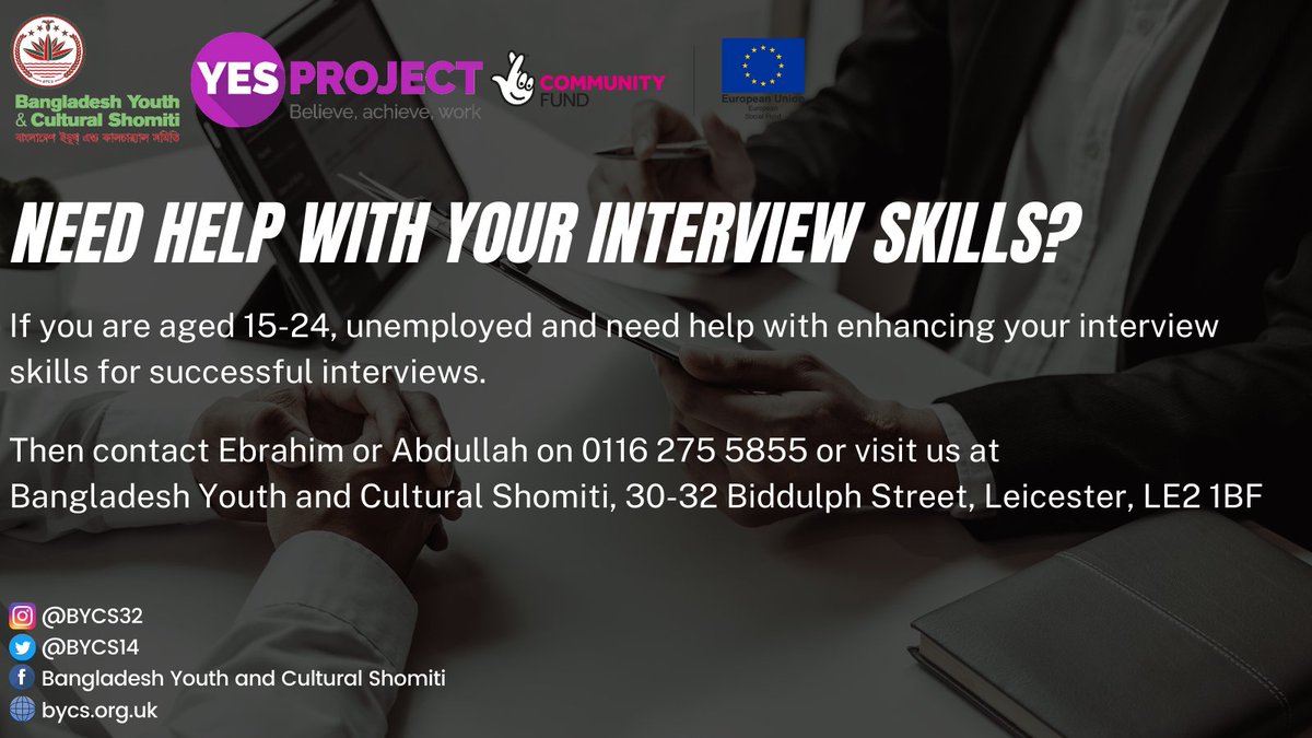 If you are aged 15-24 and need help with enhancing your interview skills.

Then contact us on: 0116 275 5855

#Leicester #YESProject #Employability