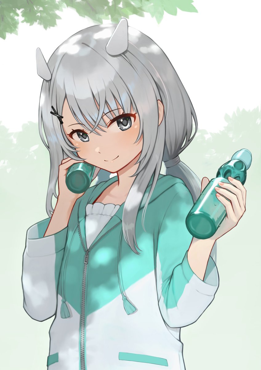 1girl solo grey hair long hair grey eyes bottle holding  illustration images
