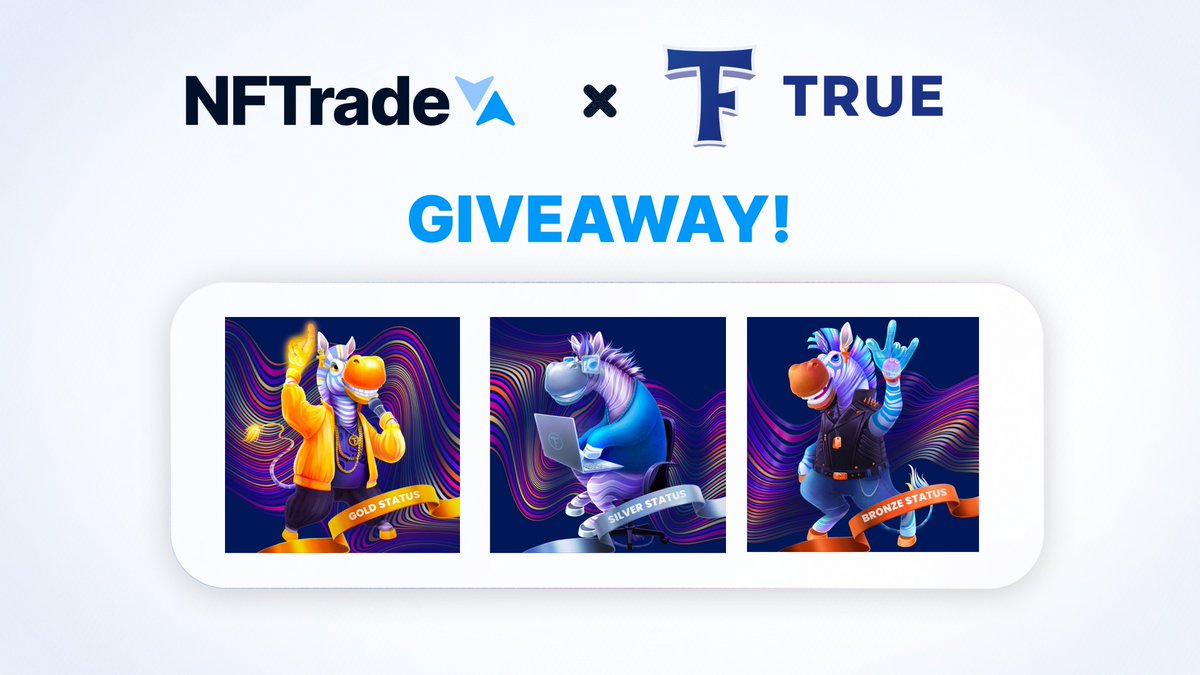 NFTradeOfficial's tweet image. 🦓We are teaming up with @TRUE_Ecosystem to give away their Status Card NFTs to 9 NFTraders!🦓

1 WL of GOLD - $1000 value
3 SILVER - $300 value
5 BRONZE - $50 value

Giveaway ends in 48 hours⏰

🦓To enter:
Like, RT &amp;amp; tag 3 friends

🦓Follow 
@NFTradeOfficial
@TRUE_Ecosystem