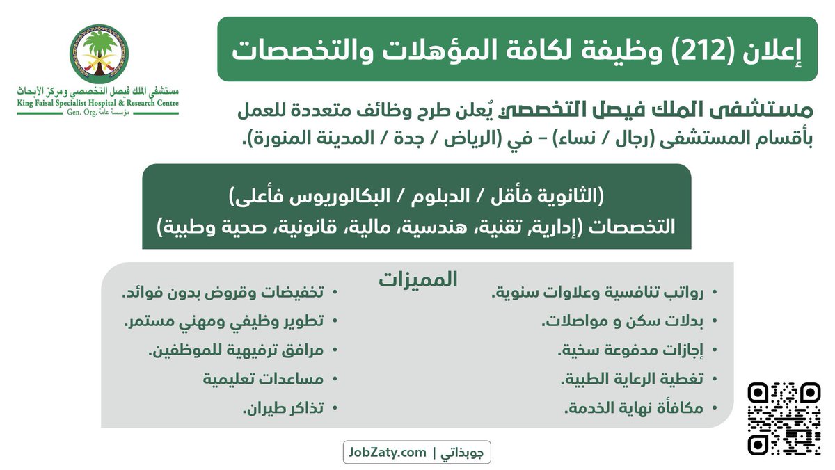 Rahalplatform's tweet photo. أعلن المستشفى التخصصي في الرياض وجدة والمدينة المنورة عن (212) وظيفة (إدارية، هندسية، قانونية، مالية، تقنية، صحية، فنية) للرجال والنساء بعضها لا تشترط الخبرة.
والتقديم متاح لحملة المتوسطة، الثانوية، الدبلوم، البكالوريوس فأعلى ولمختلف التخصصات.

للتفاصيل
https://t.co/rCWPnpu1Kq https://t.co/EQxSl4SSDf
