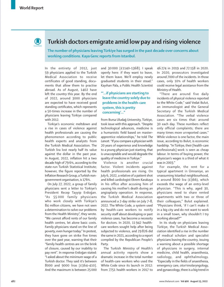 Oldukça saygın bilimsel dergi <a href="/TheLancet/">The Lancet</a> e Türk doktorları yayın olmuşuz!. Konu düşük ücret artan şiddet nedeniyle doktor göçü. Üzücü.