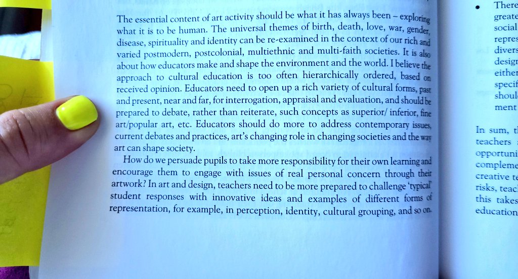 DBPrendergast's tweet image. 'The essential content of art activity should be what it has always been - exploring what it is to be human.' John Steers 💛 (And obviously my nails match my post-its which makes me feel particularly happy, which is also part of being human!) #arted #teachart