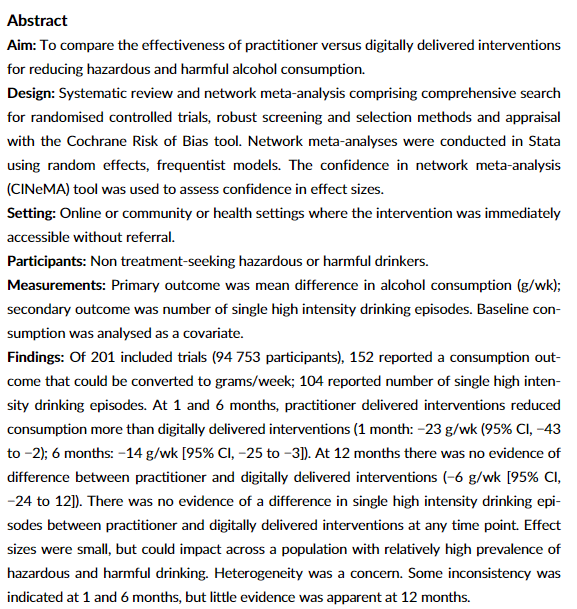 HEconEvSynNCL's tweet photo. New paper in @SSA_Addiction: 'Practitioner and digitally delivered interventions for reducing hazardous and harmful alcohol consumption in people not seeking alcohol treatment: #systematicreview and network meta-analysis by @FionaBeyer, @RyanPWKenny et al: https://t.co/tbPQKAu9XW https://t.co/iLq0ZBjcdj