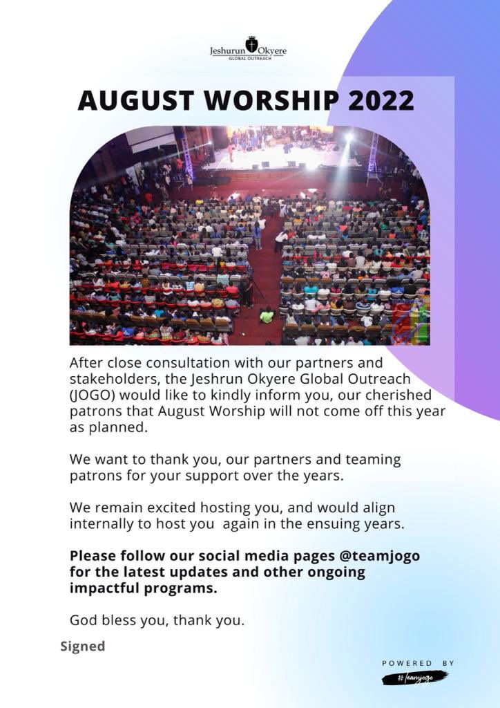 Please take note and we apologize for any inconveniences🙏🏽. Stay blessed #TeamJOGO #AugustWorshipGh @JeshrunEric @team_jogo @Jogofnl @PreechMedia @GospelGh @namohboateng @leadwithprince @israelfugah @efyamoda @iamchristalba @niiyebuah1 @brokwaku_ @nanayawgyekye @AJTiwa1