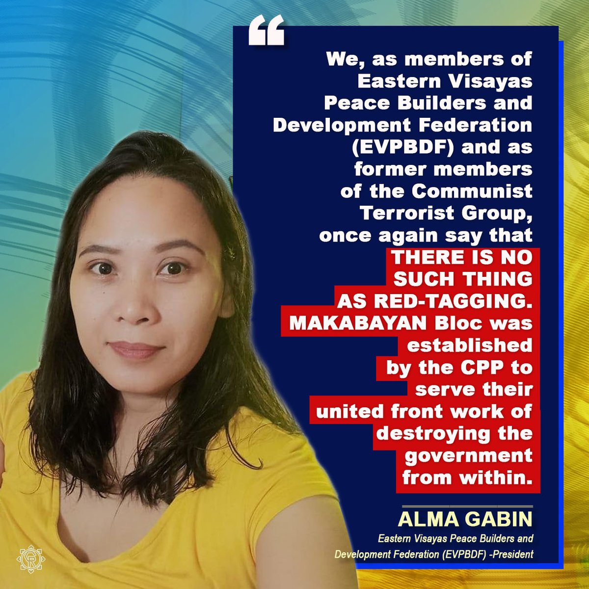 ChangeRev2020's tweet photo. STATEMENT OF MS ALMA GABIN, FORMER RANKING MEMBER OF THE CPP-NPA-NDF, IN SUPPORT TO VP SARA Z DUTERTE https://t.co/o9QLOVW0GQ