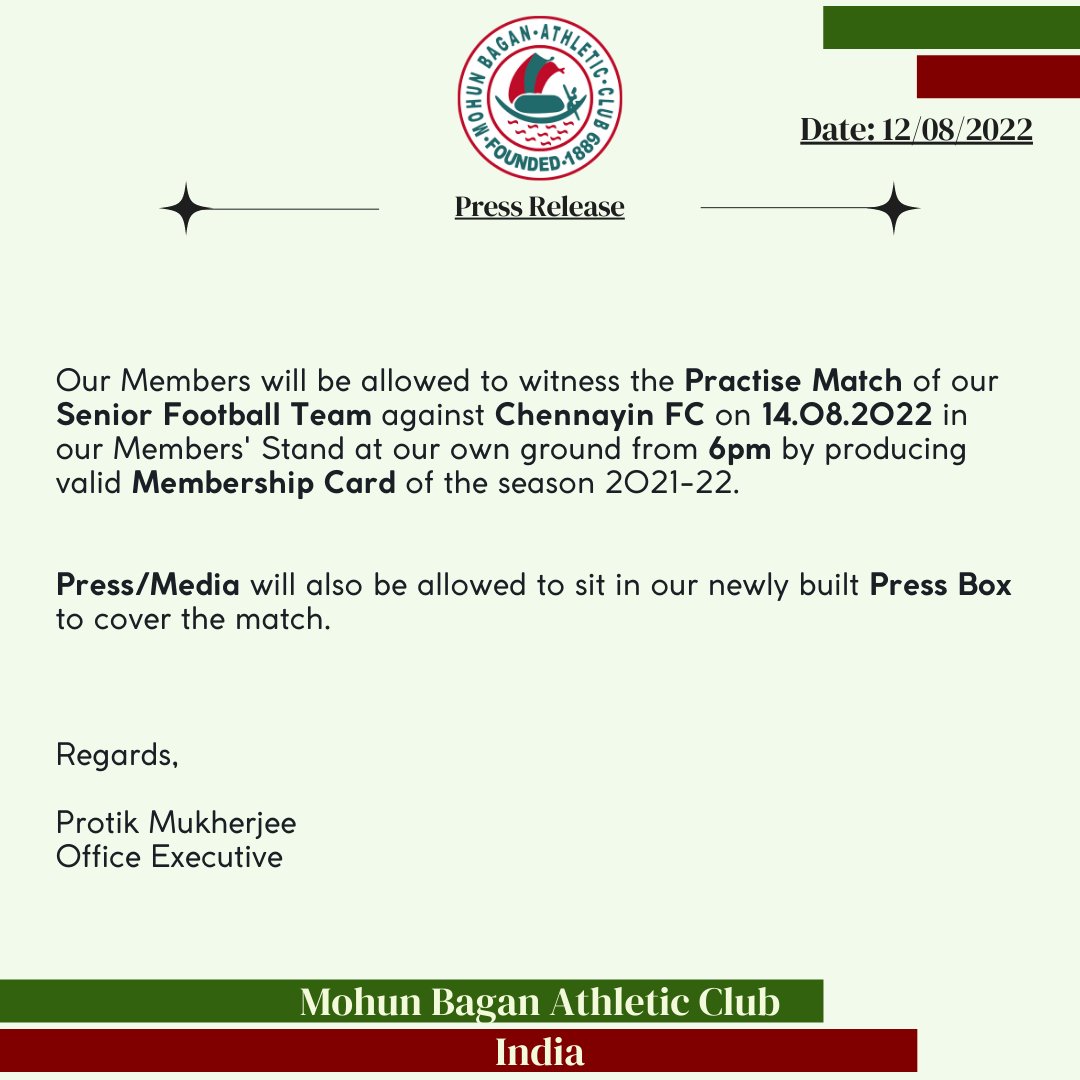 Mohun_Bagan's tweet photo. Press Release.
#MohunBagan #Mariners #MBAC #MohunBaganAthleticClub #JoyMohunBagan #GloriousPastVibrantFuture #PressRelease #practisematch #press https://t.co/a7usJnprKw