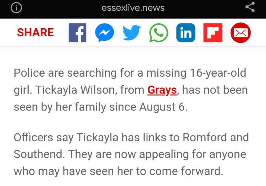 lostplanetearth's tweet photo. RT @essexlive
#Police are #searching for a #MissingPerson🆘 16-year-old girl. #TickaylaWilson, from #Grays, #lastseen⚡ by #family since #August 6. #Officers say #Tickayla has links to #Romford and #Southend. #UK #uknews #ukmissing
https://t.co/eq2JuAzX2w https://t.co/Tz90TqPsCk