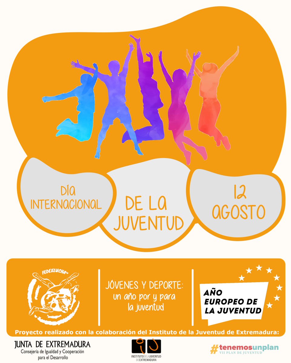 Año 2022: Año Europeo de la Juventud
12 de agosto: Día Internacional de la Juventud
Este año llevamos a cabo el programa «JÓVENES Y DEPORTE: un año por y para la juventud», para potenciar diferentes aspecto a la juventud extremeña.

+info: fedexlucha.es/2022/08/12/dia…

<a href="/IJExtremadura/">IJEXtremadura</a>