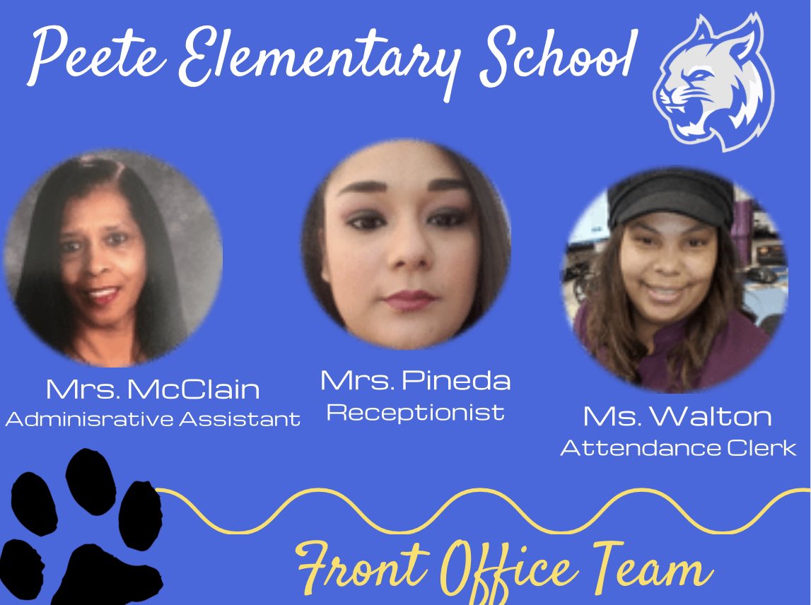 Meet the “faces” of our school! 

If you need any assistance throughout the year, these ladies will greet you with a smile and help all they can. 💙🐾#PeeteProud