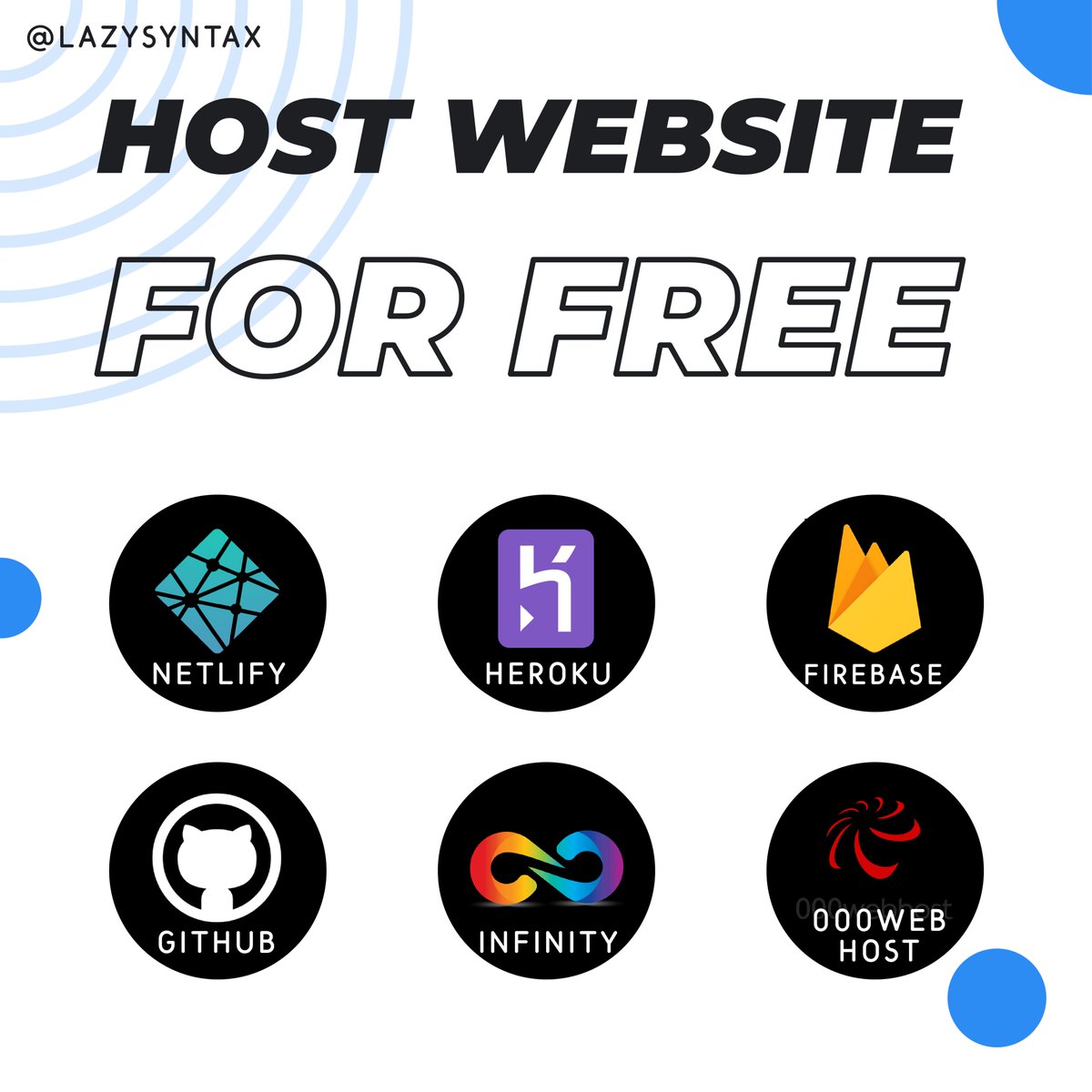 LazySyntax's tweet image. Host all your websites for FREE on these platforms.
Well of course you will have to pay a fee to use a custom domain or at least buy one 😉
Follow for more
#hostwebsiteforfree #freehosting #netlify #heroku #firebase #github #infinityfree #000webhost #lazysyntax