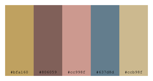 ColPaletteBot's tweet photo. Beep beep, here's a pretty color palette for you!
color-scheme.js parameters used:
- hue: 223
- variation: soft
- colors: #bfa160, #806059, #cc998f, #637d8d, #ccb98f
Have a lovely day!
#twitterbot #colorpalette #colors #palette #prettycolors https://t.co/HisszJHdQB