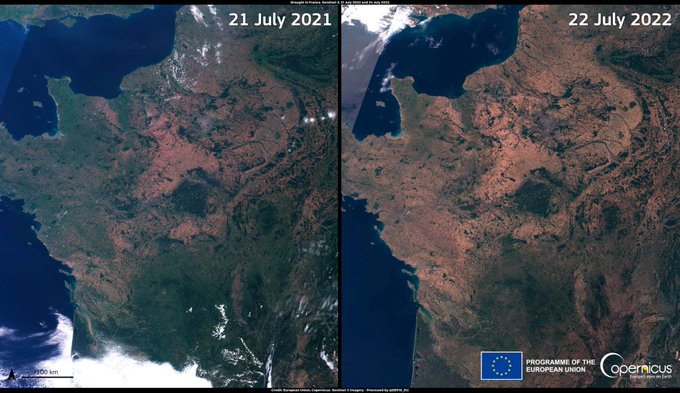 EU_Commission's tweet photo. 🇫🇷 France is struggling with a severe drought. And almost half of the 🇪🇺 EU is affected by warning levels of drought.

With the #EUGreenDeal, we aim to tackle the root cause of the problem—climate change and its disruption of the planet’s water cycle.

ℹ️https://t.co/MjQ7fpgdka https://t.co/GaiX3NorQu