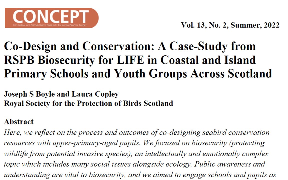 Excited to announce that our new paper on #conservation and youth #codesign with <a href="/biosecurityLIFE/">Biosecurity for LIFE</a> and <a href="/RSPBScotland/">RSPB Scotland</a> is out today in practice-based #community #learning and #development journal <a href="/ConceptJournal1/">Concept Journal</a> 

concept.lib.ed.ac.uk/article/view/7…