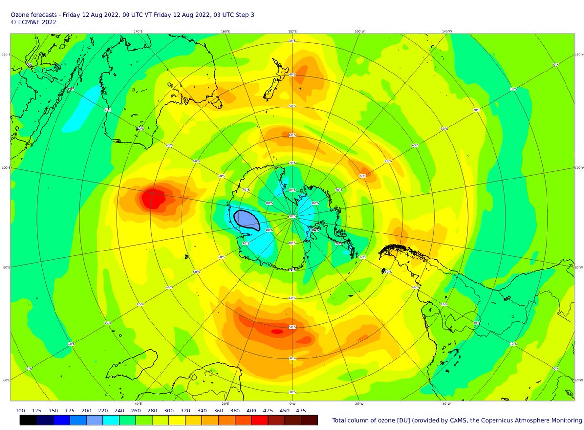 AntjeInness's tweet photo. Today's #Ozone analysis from @CopernicusECMWF #AtmosphericMonitoring service @ECMWF shows a small area with O3 columns below 220 DU over Antarctica #OzoneHole. The charts are available from https://t.co/nBh5OH1yzd and CAMS data from https://t.co/B22PPcpyed https://t.co/a0v31DzFOe