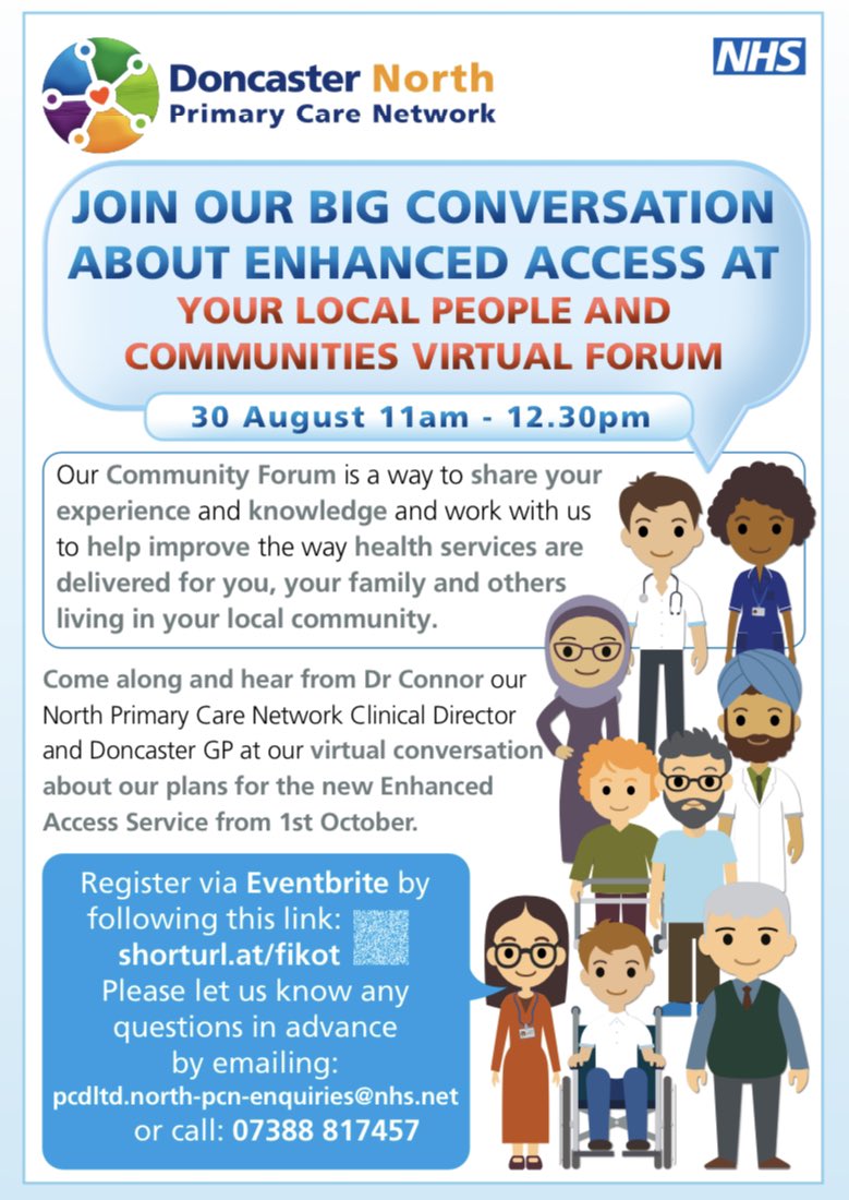 TeamNorthPCN's tweet image. Join @TeamNorthPCN at their ‘Big Conversation’ about their plans for a new enhanced access service across the North of Doncaster! 👇👇👇👇You can register for the event at shorturl.at/fikot