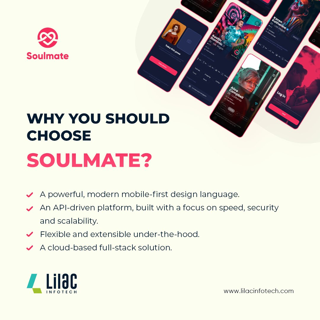 LilacInfotech's tweet photo. Inspired by the future, built for the now.
#soulmate #datingapp #applicaton #webapp #software https://t.co/WbQdSxsxzf
