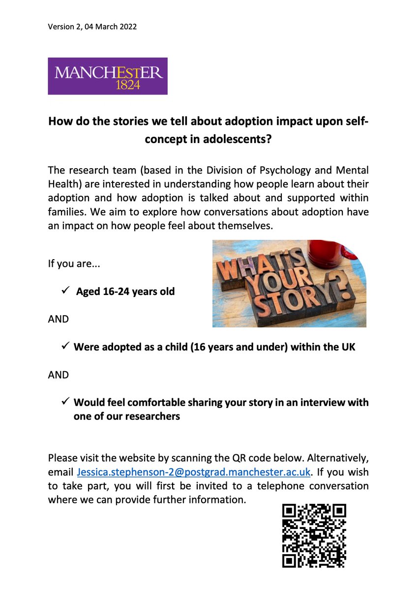 AdopteeExperien's tweet photo. How has adoption been spoken about in your family? Do you have a life story book or a special object that tells a part of your story?

If you are 16-24 years old and would feel comfortable talking to us please get in touch. 

#adopteetwitter #Adoption #research https://t.co/6R26btqPgu