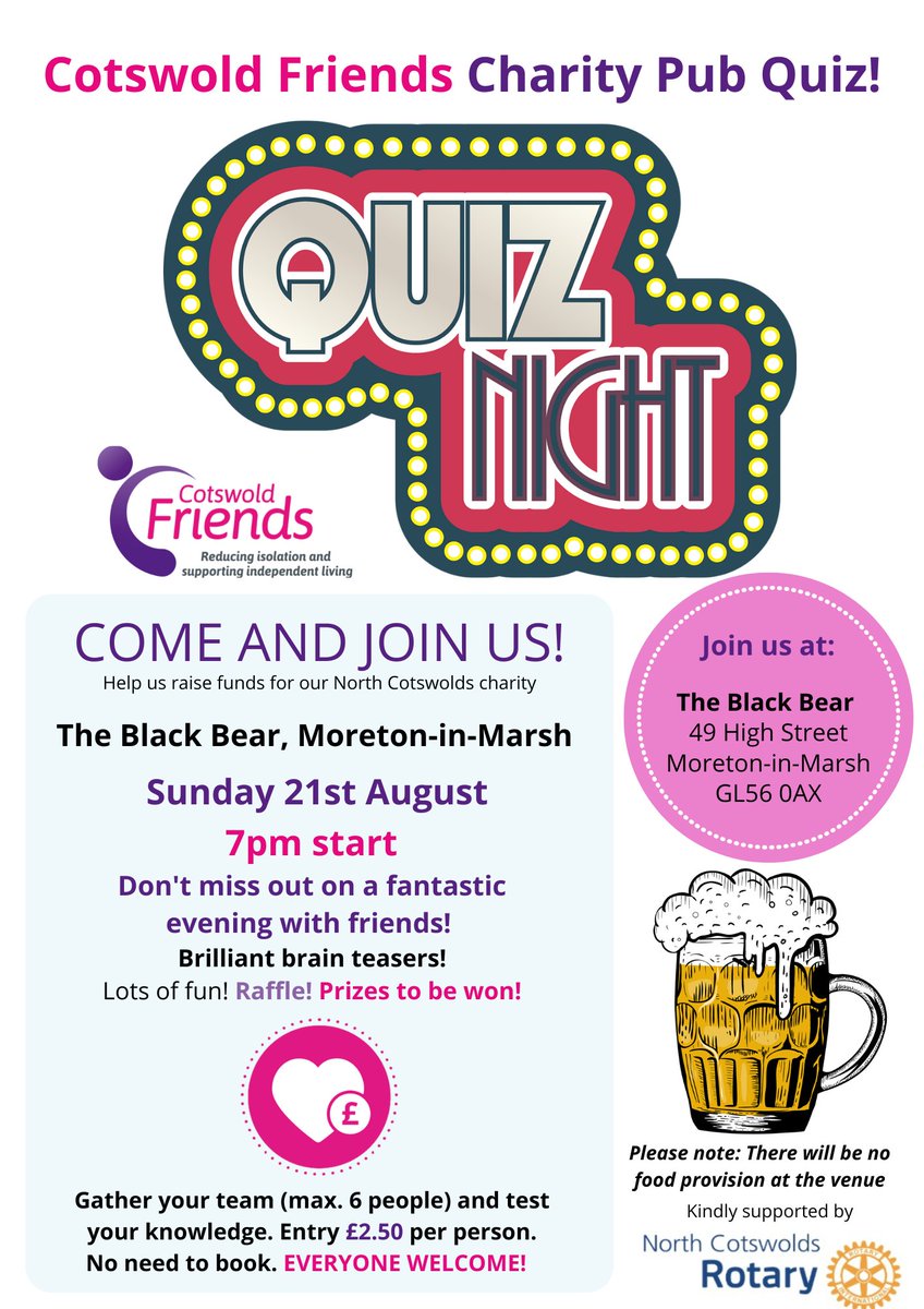 Join us for our Charity Pub Quiz at The Black Bear, #Moreton, on Sunday 21st August and help us raise funds! 
It's a 7pm start for a fantastic evening with friends. So gather your team (max. 6) and test your knowledge!
Please RT <a href="/MoretonRangers/">Moreton Rangers FC</a> <a href="/MoretonShow/">Moreton Show</a> <a href="/moretoncc1/">moretoncricketclub</a> #charity