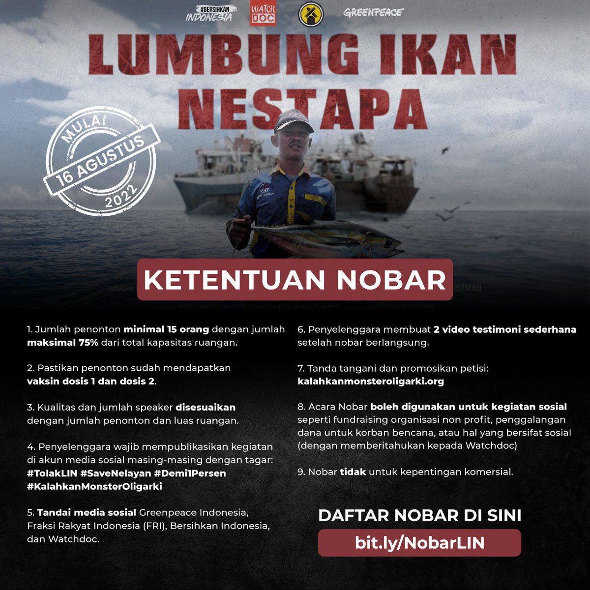 watchdoc_ID's tweet photo. Film ke-6 serial DEMI 1% siap diputar di lembaga & komunitasmu. Film ini memberi gambaran bagaimana nelayan tradisional semakin kesulitan dan mendapat ancaman atas ruang hidupnya.
Daftar nobarnya sekarang.
#Demi1Persen #SaveNelayan #tolakLIN
https://t.co/FOGrllAyR6 https://t.co/XQnwjRZUbT