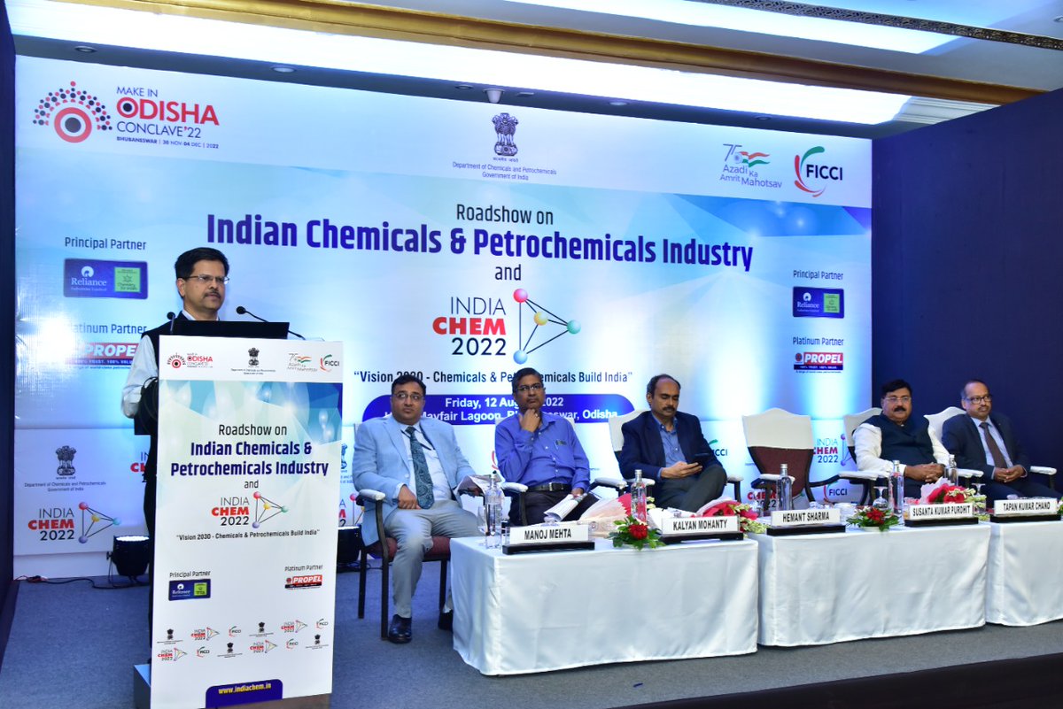 IndiaChem_Ficci's tweet photo. Shri @susanta35 , JS @dcpc2017 during his address at the roadshow on Indian Chemicals &amp; Petrochemicals &amp; #IndiaChem2022 at Mayfair Hotel, Bhubaneshwar, Odisha, highlighted the tremendous potential in sector &amp; to further boost investment GOI intends to bring PLI scheme for the sec https://t.co/O8EWd0TXDA