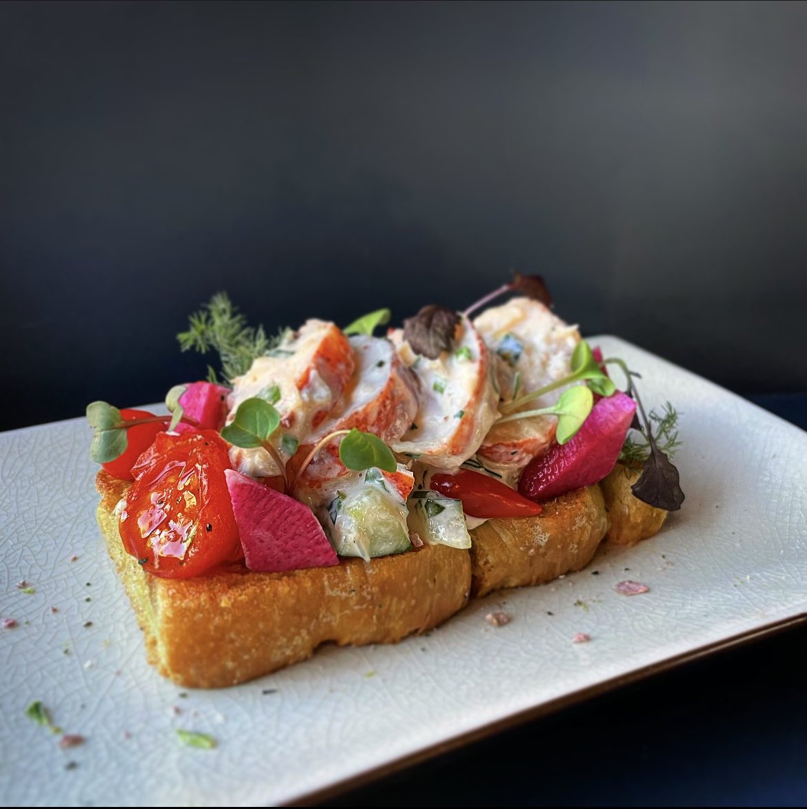 Lobster and Prawn Toast. Meat radishes &amp; plum sake cherry tomatoes &amp; sweet peppers on toasted focaccia. Limited numbers come and get it while it lasts! #enginesocial #sowerbybridge #michelinguide