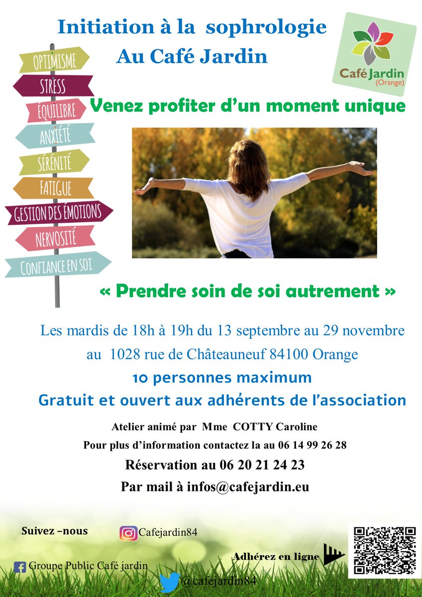 "Prenez soin de vous"
🍀Pour la rentrée, venez profiter d'une découverte de la sophrologie gratuitement pendant 3 mois tous les mardis soirs de 18h à 19h.
🔜1er RDV le 6 septembre à 18h, pour en savoir + et pour valider votre inscription lors de la réunion d'information.