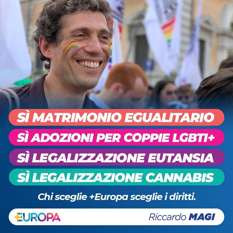 Piu_Europa's tweet image. Matrimonio egualitario
Adozioni per coppie lgbt+
#Eutanasialegale 
#Cannabislegale.

Chi vota #piuEuropa, vota i diritti.

@riccardomagi