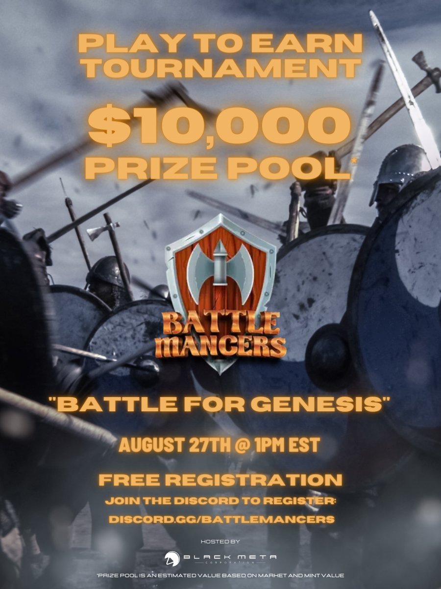 🪓 BattleMancer’s Call of Duty Tournament ⚔️

Estimated $10,000 Value Prize Pool!

To enter:
1️⃣ Join the Discord
discord.gg/BattleMancers

2️⃣Follow
<a href="/BattleMancers/">BattleMancers</a>
<a href="/PlayBlackMeta/">Black Meta🛸</a>

3️⃣ RT+Like
4️⃣ Tag Your Teammates

⌛️>72 hours until registration opens, good luck!

#NFT #P2E #Warzone