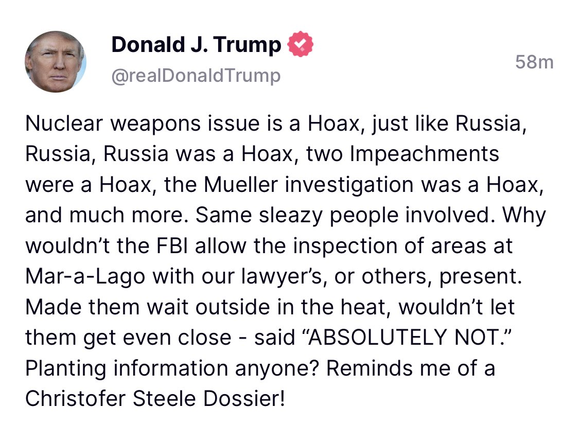AndrewFeinberg's tweet photo. This, from the ex-president, is as good as an admission that he had classified nuclear-related documents at Mar-a-Lago. https://t.co/Rb2OjQoiqW