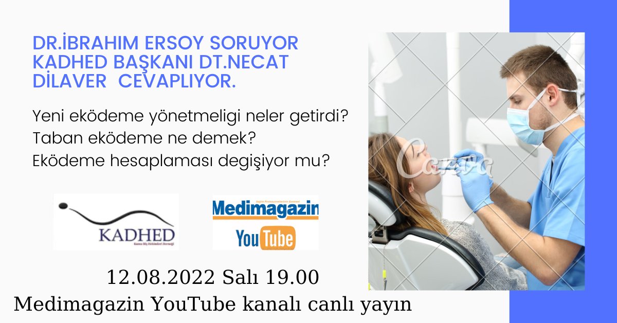 KADHED Başkanı Dt. Necat DİLAVER' in konuk olacağı yeni ek ödeme yönetmeliğiyle gelen değişiklikler konulu canlı yayın bugün saat 19.00 da medimagazin youtube kanalında yayınlanacak. 

Yayın linki:
youtube.com/c/MedimagazinG…