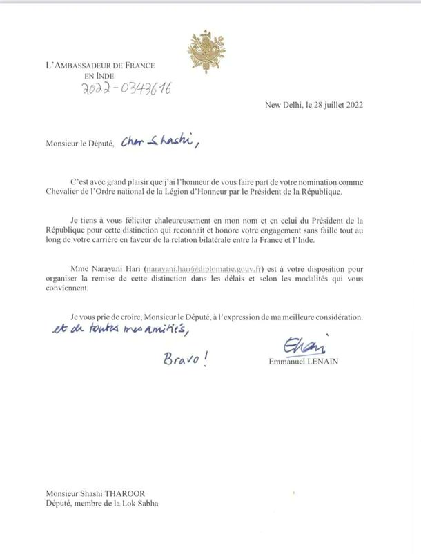 EducationRepor2's tweet photo. @ShashiTharoor honoured with highest #French  civilian honour Chevalier de la Legion d'Honneur https://t.co/D5CSGMdET5