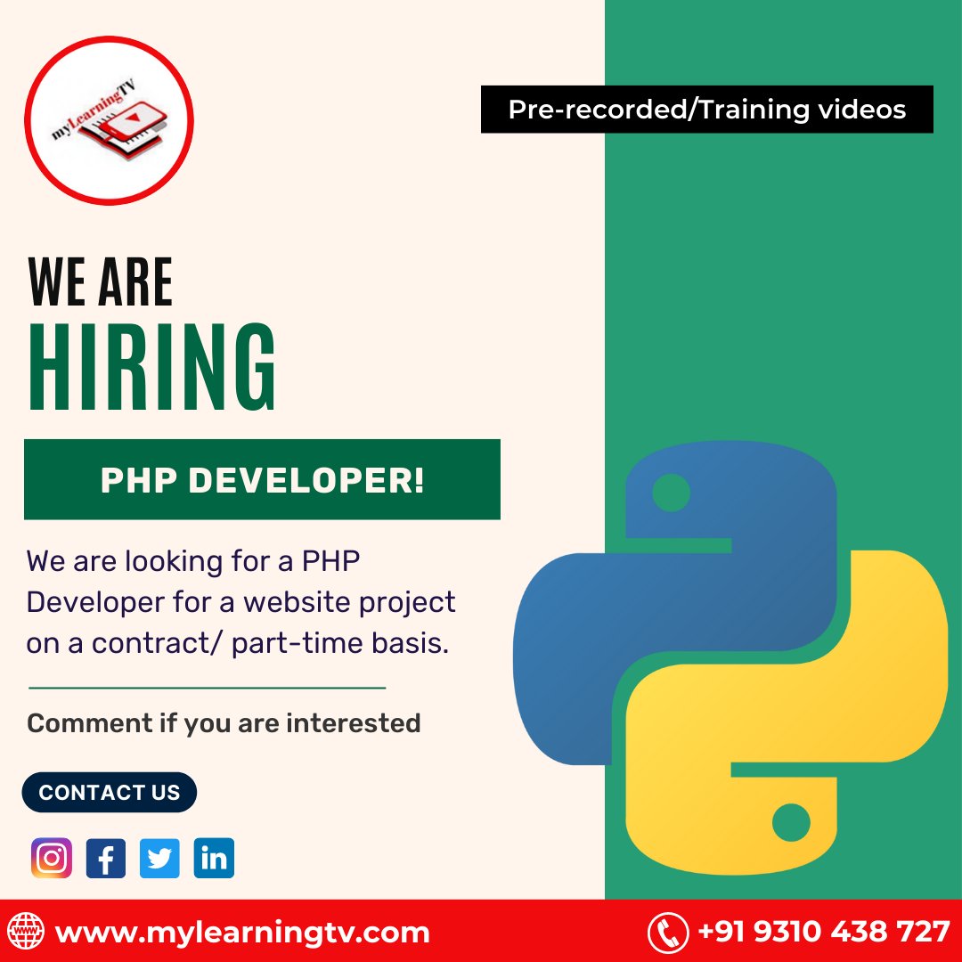 MyLearningTV's tweet image. My Learning TV is hiring a PHP developer to work on a website project part-time or on a contract basis. If you are interested, please comment.
Visit here - mylearningtv.com
All the trainers can Register - MyLearning TV
#pythonprogramming #joinpython #pythoncourses