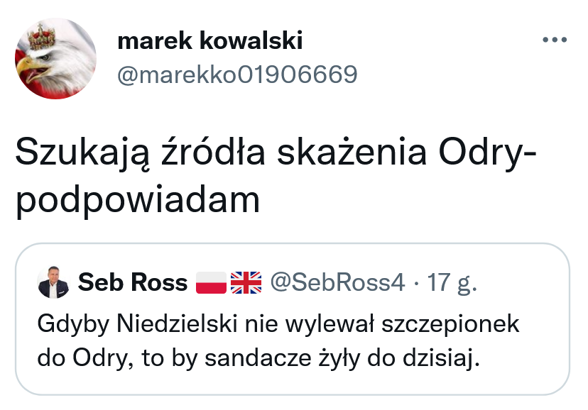 ZespolBrauna's tweet photo. Tymczasem Konfiarze zaczynają pieprzyć, że skażenie #Odra to wina... wylewania szczepionek, które mają zawierać w sobie #rtec
To serio są pojeby... https://t.co/R7ZDCHRsk1