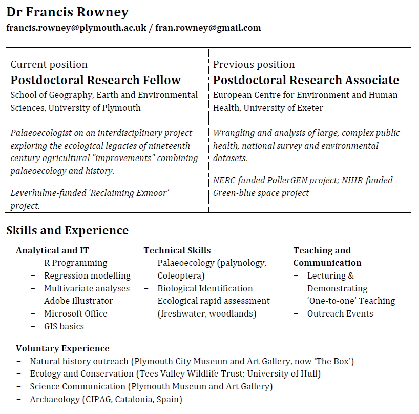My contract ends in a few months, so I'm looking to the horizon!
Enthusiastic, open-minded &amp; happy to learn. Interests beyond academia. Based in the Plymouth area.

Now: Researcher <a href="/PlymGeog/">Plymouth Geography</a>
Previous: Researcher <a href="/ECEHH/">ECEHH</a>
Next: ???

Retweet &amp;/or get in touch!
linkedin.com/in/francisrown…