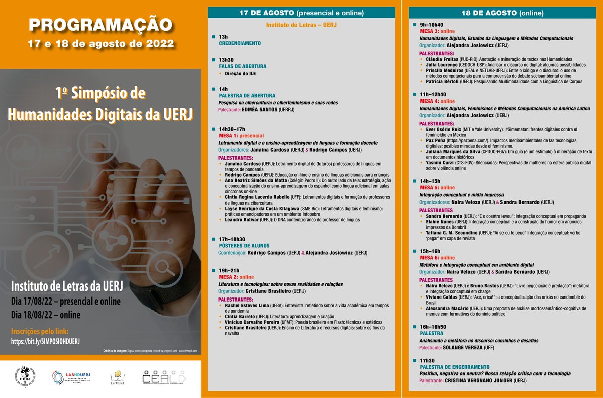 AleJosiowicz's tweet photo. 1o Simpósio de Humanidades Digitais da UERJ! 17 e 18 de Agosto em forma remota e presencial. Inscrições abertas! https://t.co/vgKkA0ZvGw
Com @ju_ms @intweettion @yasmincurzi @pazpena @Claudiafreitas @__abjr__ @jimmy_medeiros https://t.co/snsQeVfbqr